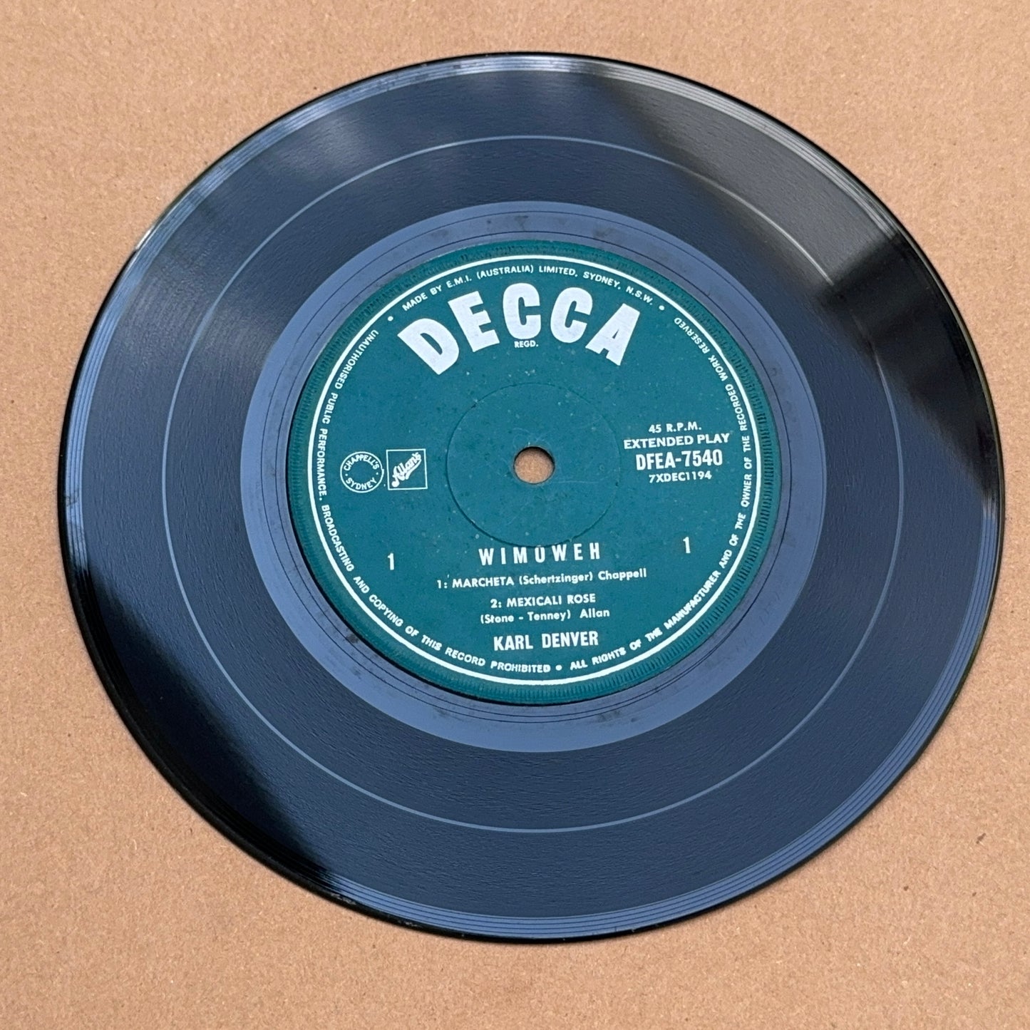 Karl Denver - Wimoweh, Decca DFEA 7540, Australia