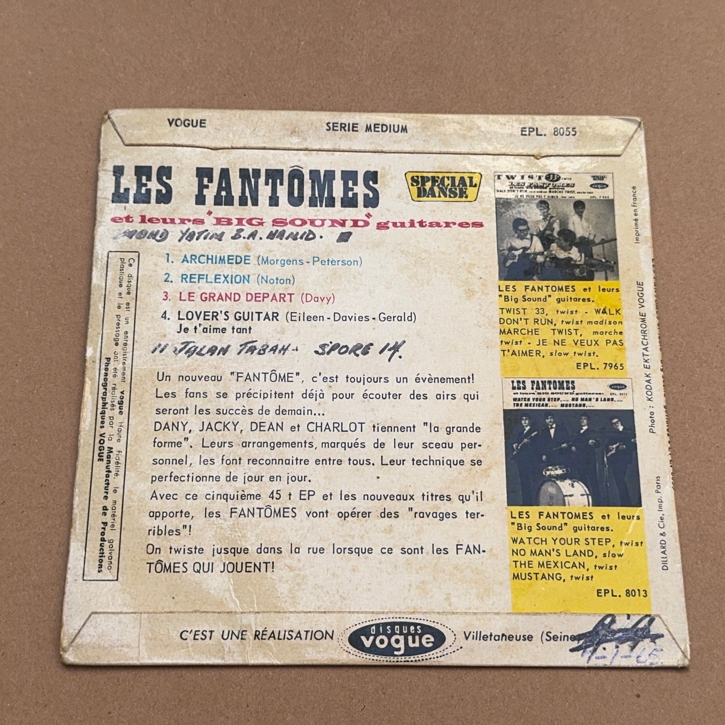 Les Fantômes Et Leurs "Big Sound" Guitares - Archimede, Disques Vogue EPL 8055, France