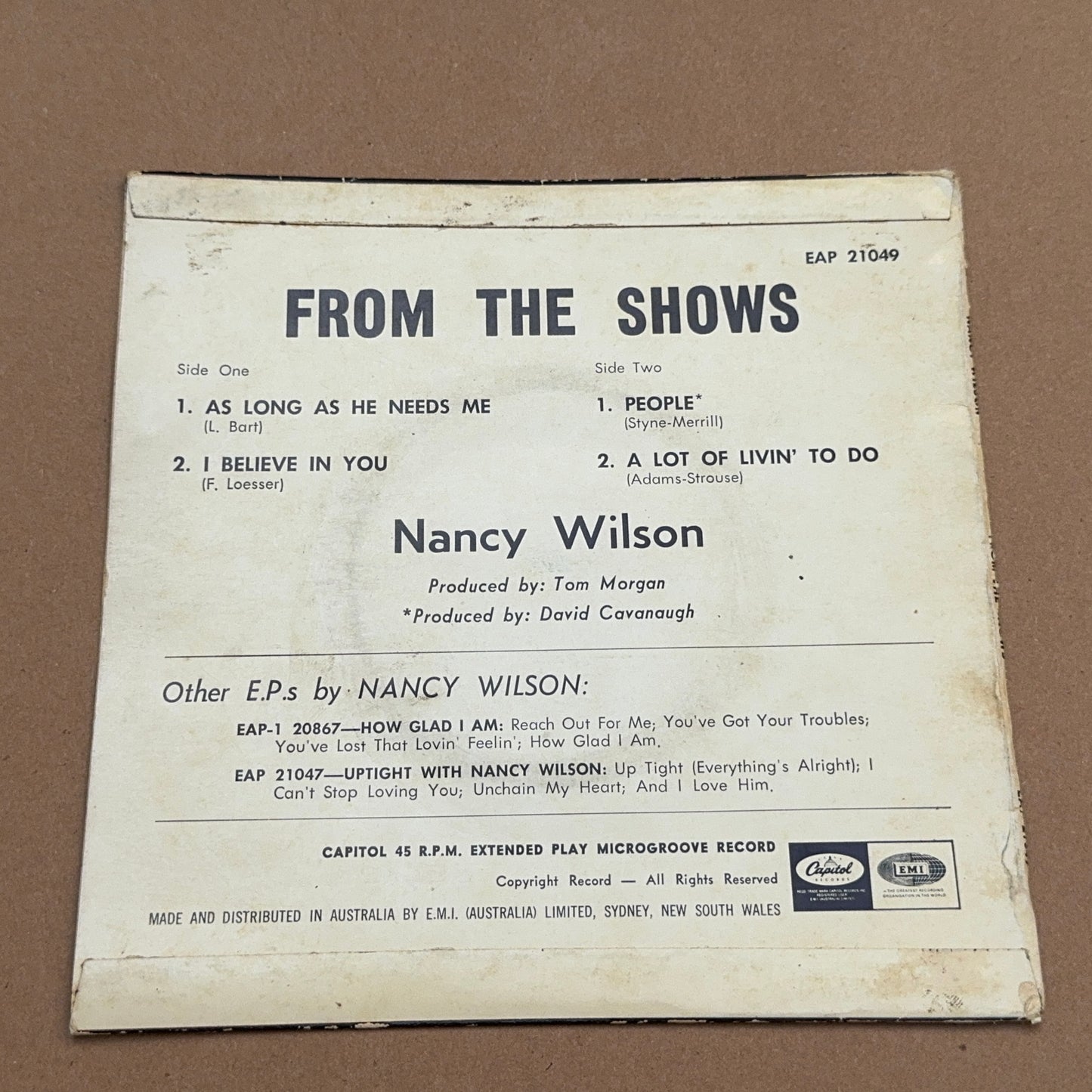 Nancy Wilson - From The Shows, Capital Records EAP 21049, Australia