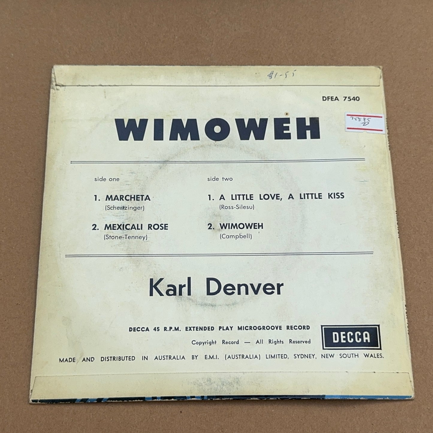 Karl Denver - Wimoweh, Decca DFEA 7540, Australia