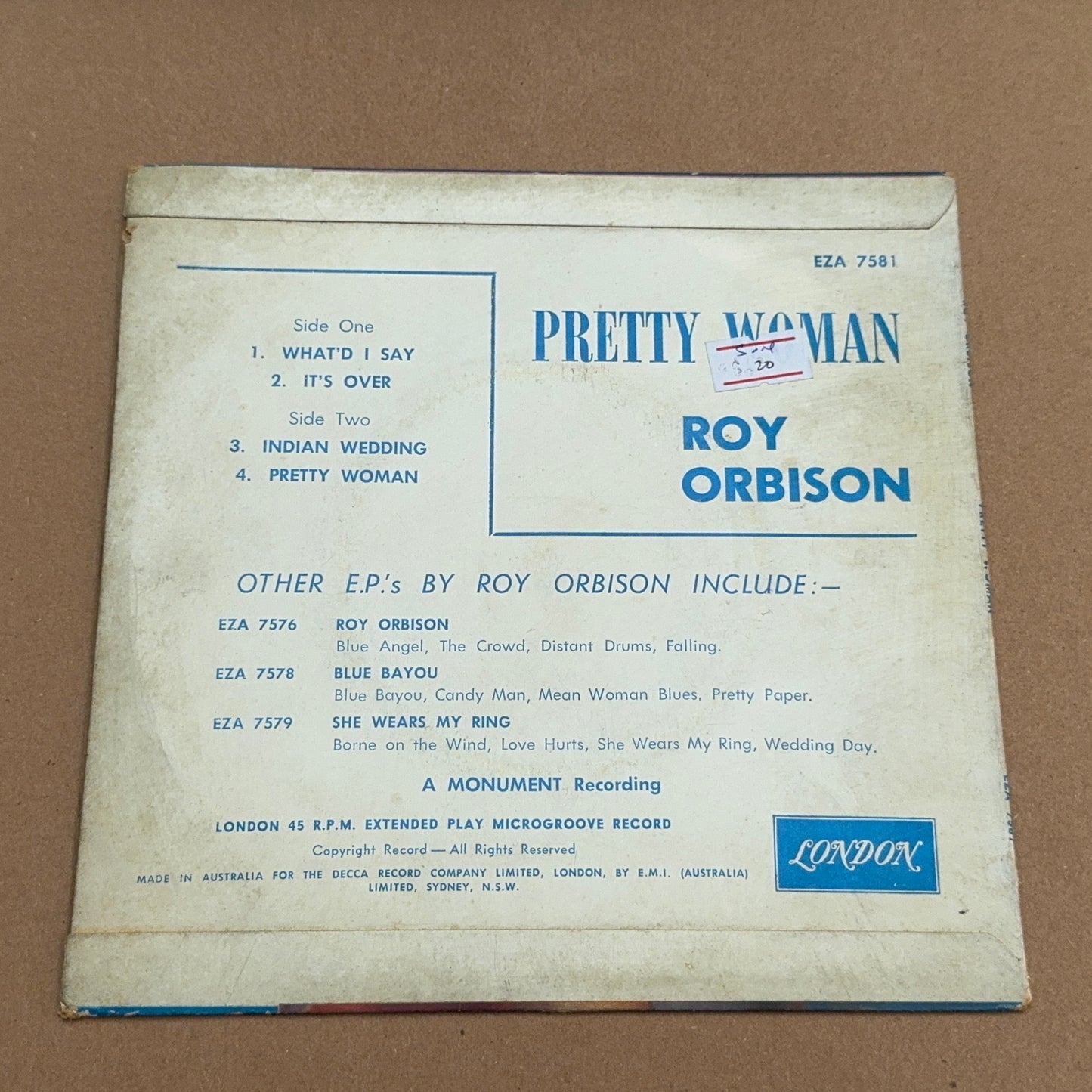 Roy Orbison - Pretty Woman, London Records EZA-7581, Australia