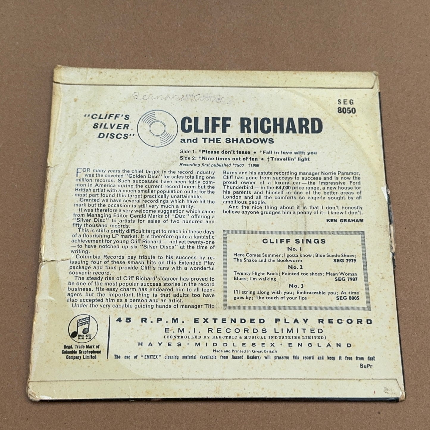 Cliff Richard And The Shadows- Cliff's Silver Discs, Columbia SEG 8050, UK, Mono