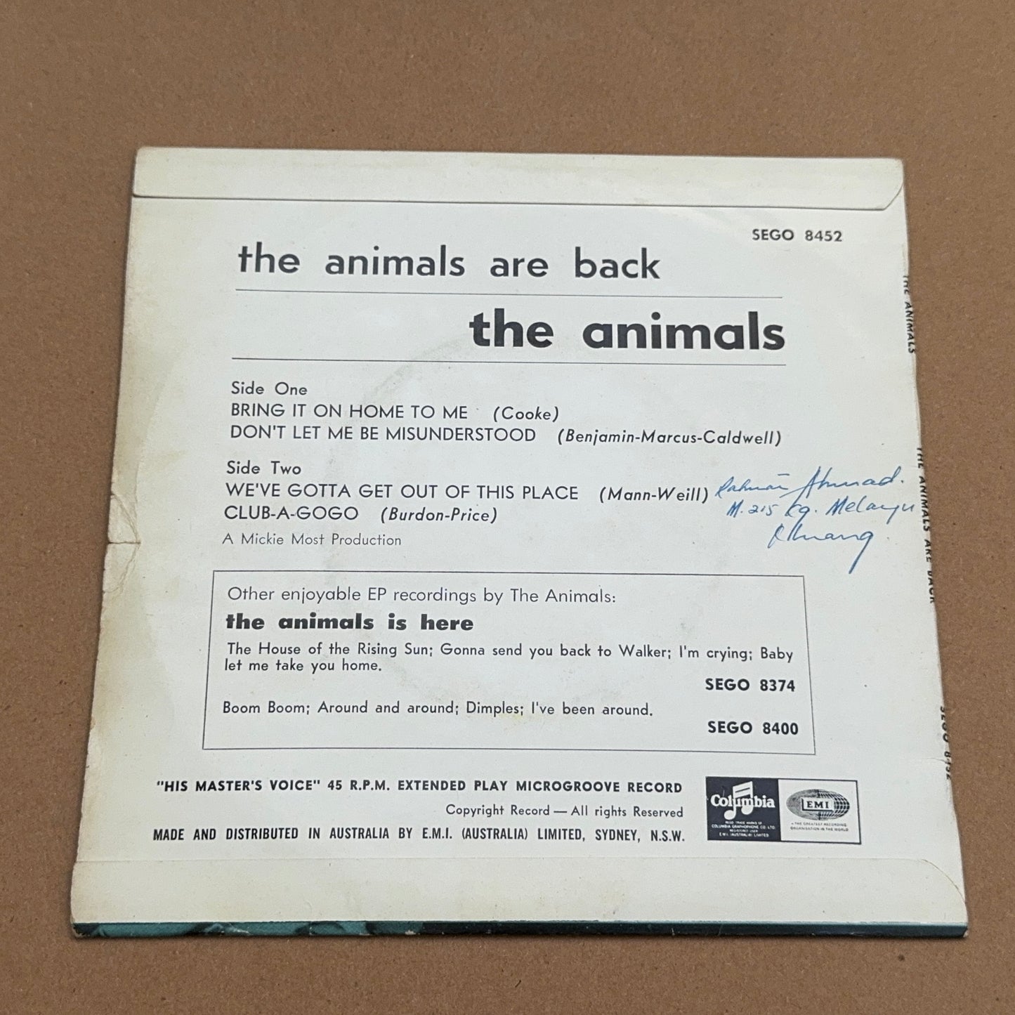 The Animals - The Animals Are Back, Columbia SEGO 8452, Australia