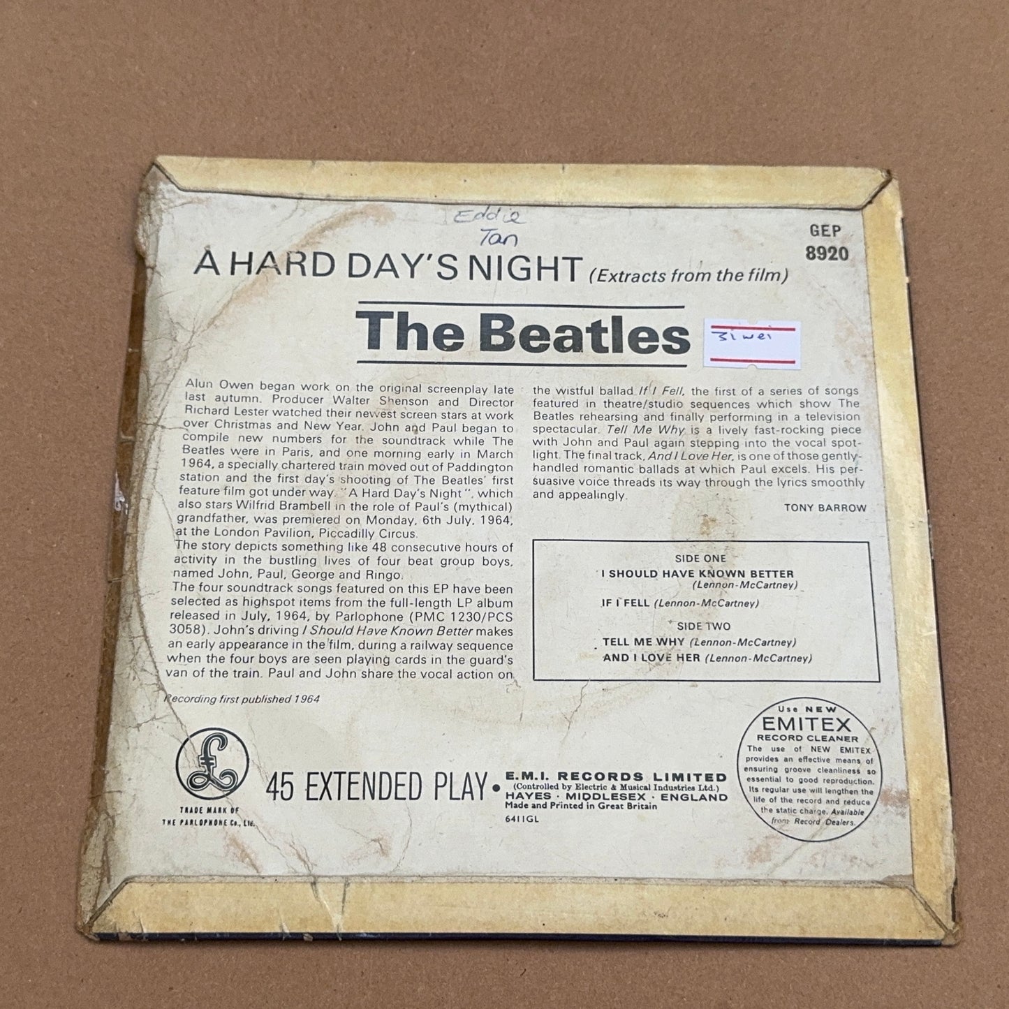 The Beatles - Extracts From The Film A Hard Day's Night, Parlophone GEP 8920, UK